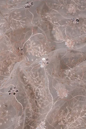 1.75 Meter Cut Piece Of Silver Sequins With Peach Thread Embroidery On Cream Soft Net Fabric