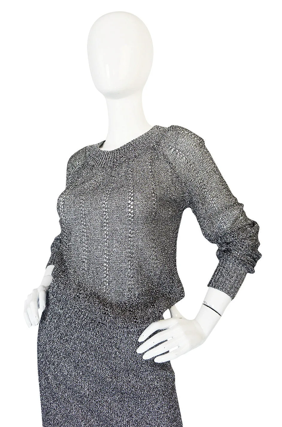 1960s Gunn Trigere Silver Metallic Knit Top & Skirt Set