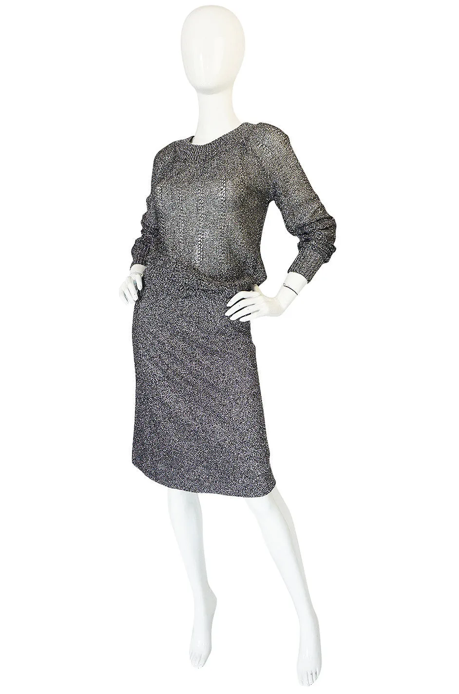 1960s Gunn Trigere Silver Metallic Knit Top & Skirt Set