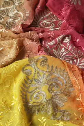 2 Meter Cut Piece Of Multi Thread With Silver Zari Floral Embroidery On Multi Color Viscose Georgette Fabric