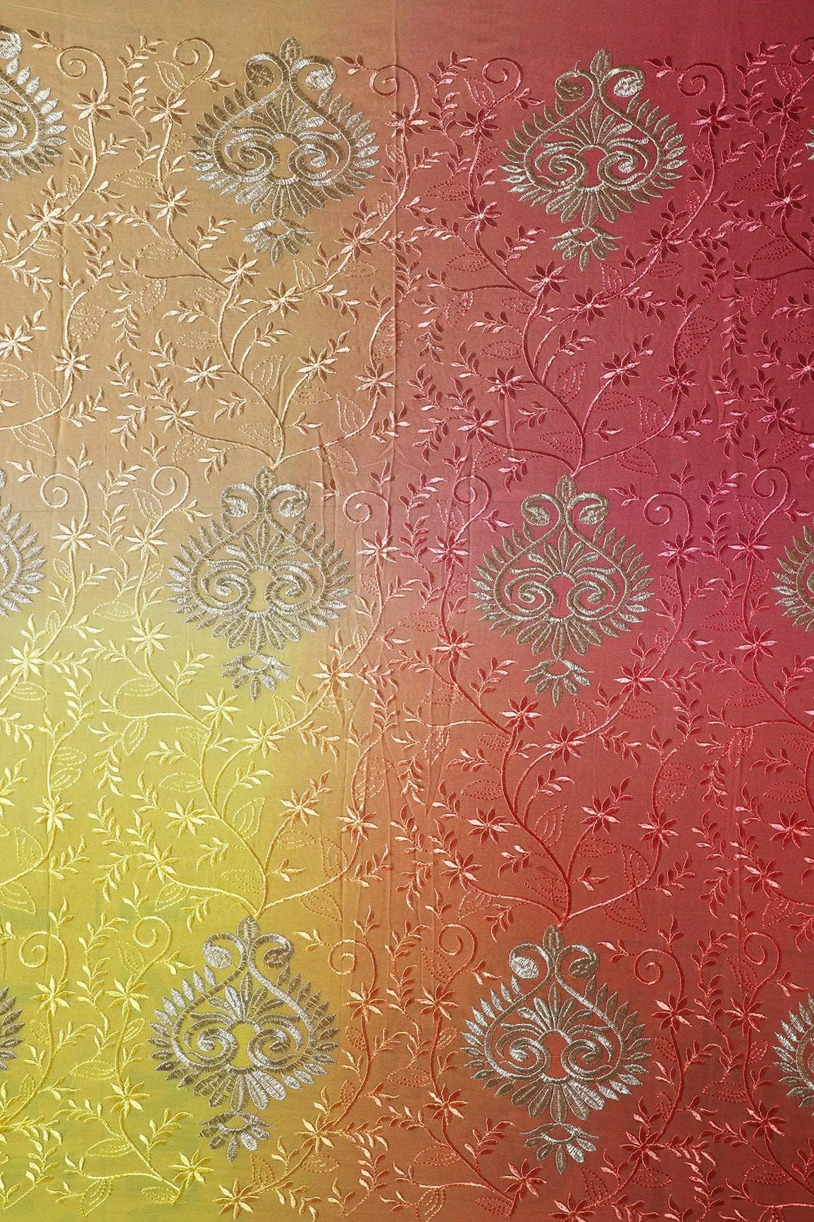 2 Meter Cut Piece Of Multi Thread With Silver Zari Floral Embroidery On Multi Color Viscose Georgette Fabric
