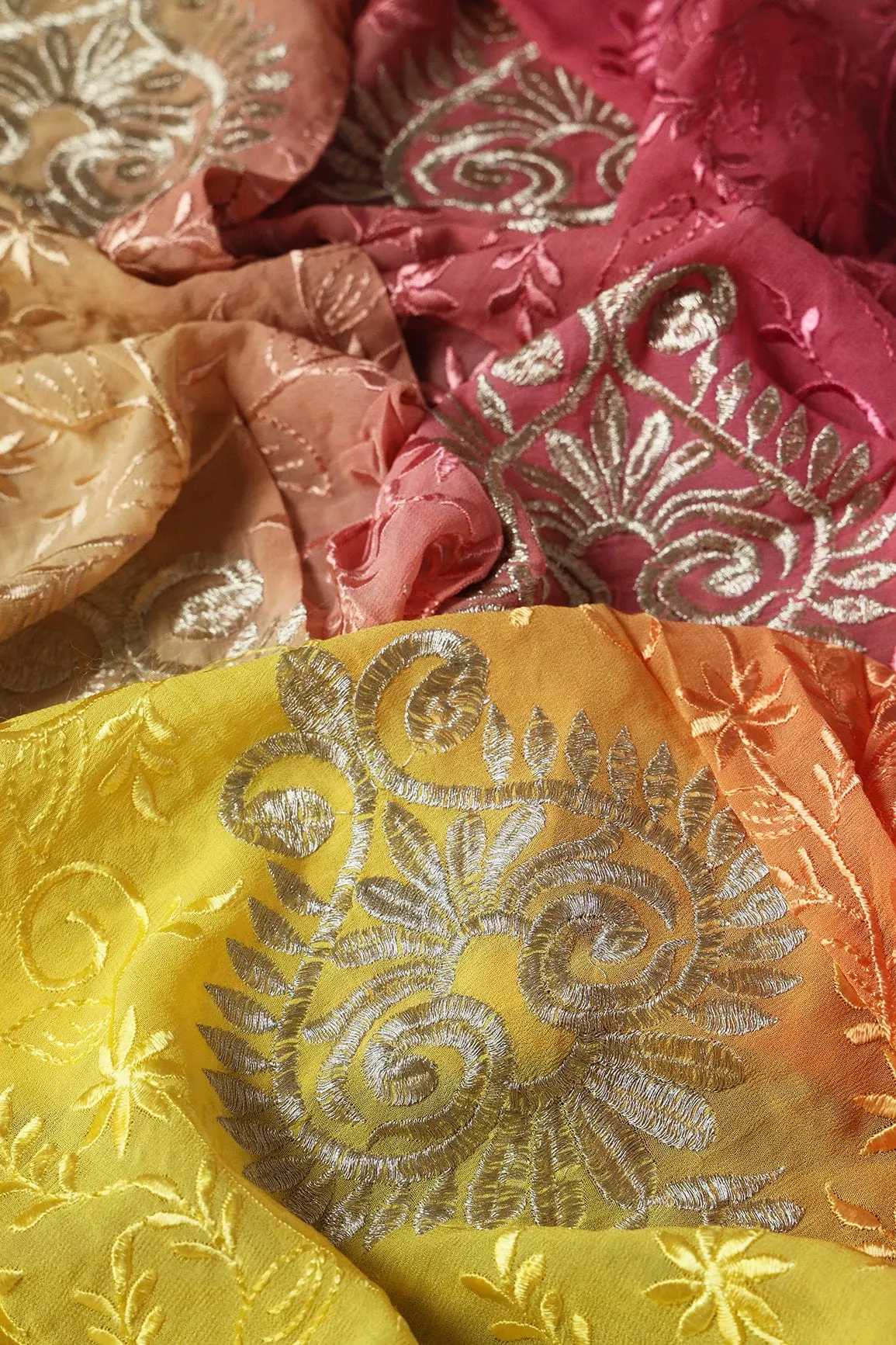 2 Meter Cut Piece Of Multi Thread With Silver Zari Floral Embroidery On Multi Color Viscose Georgette Fabric