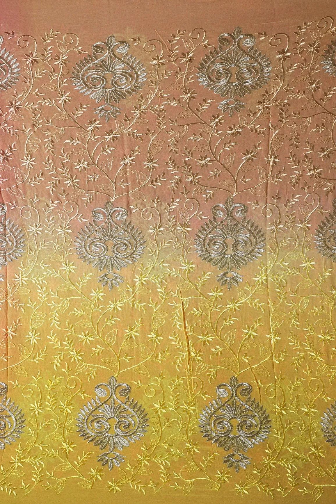 2 Meter Cut Piece Of Multi Thread With Silver Zari Floral Embroidery On Multi Color Viscose Georgette Fabric