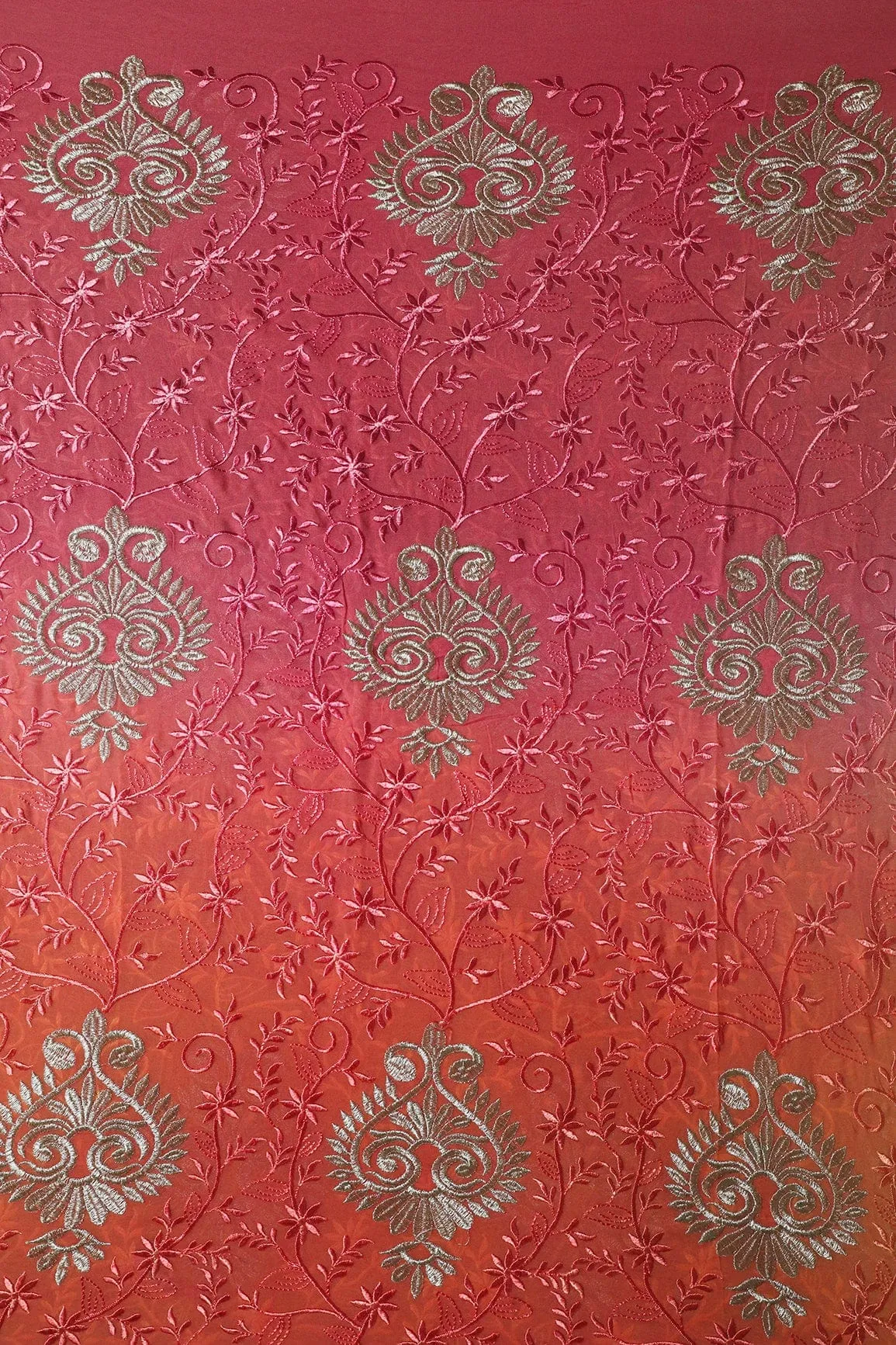 2 Meter Cut Piece Of Multi Thread With Silver Zari Floral Embroidery On Multi Color Viscose Georgette Fabric