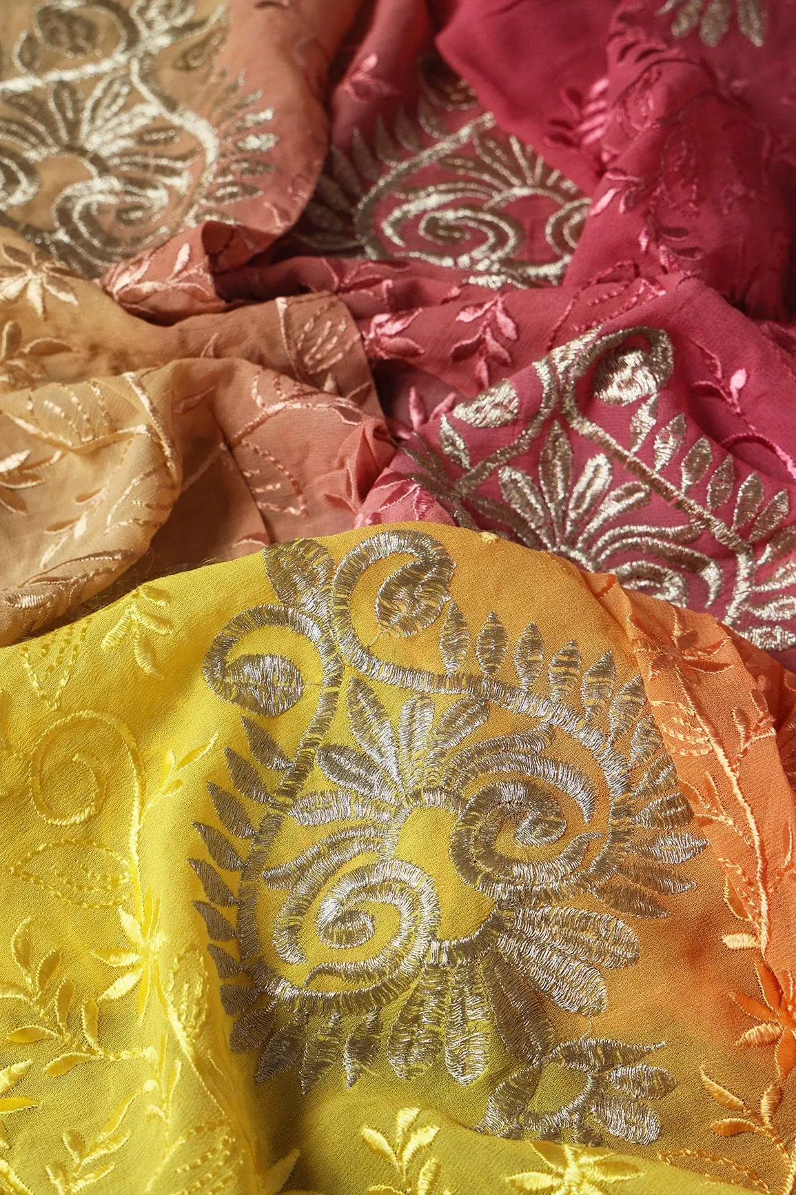 2 Meter Cut Piece Of Multi Thread With Silver Zari Floral Embroidery On Multi Color Viscose Georgette Fabric