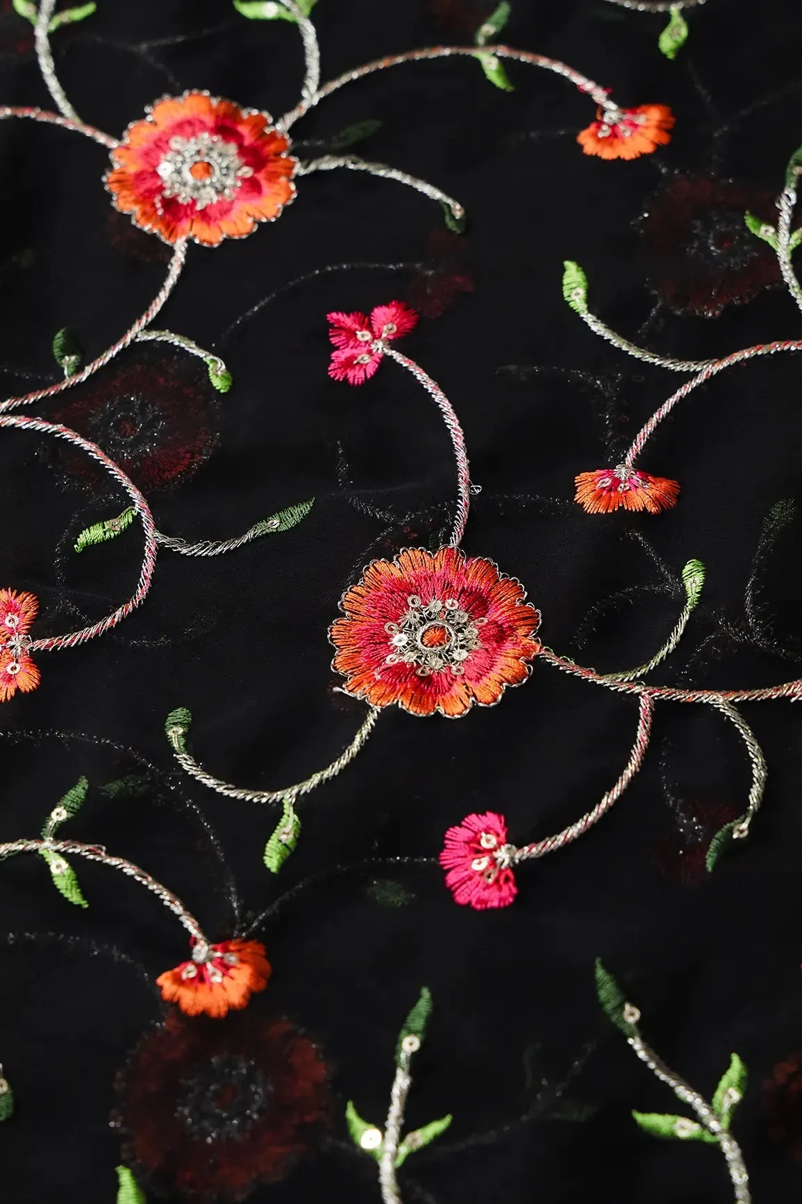 2 Meter Cut Piece Of Orange And Pink Thread With Gold Zari Floral Embroidery On Black Georgette Fabric