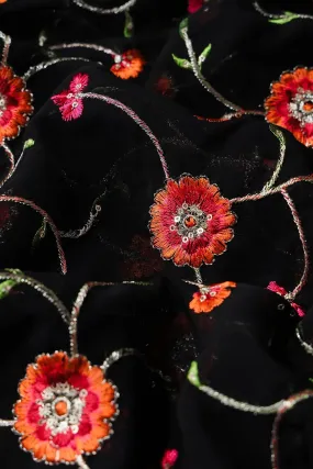 2 Meter Cut Piece Of Orange And Pink Thread With Gold Zari Floral Embroidery On Black Georgette Fabric