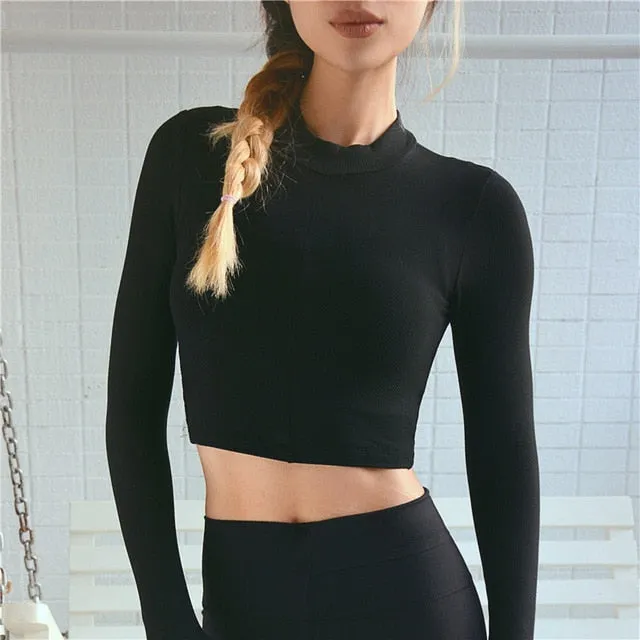 2019 Women Gym Black Yoga Crop Tops Yoga Shirts Long Sleeve Workout Tops Fitness Running Sport T-Shirts Training Yoga Sportswear