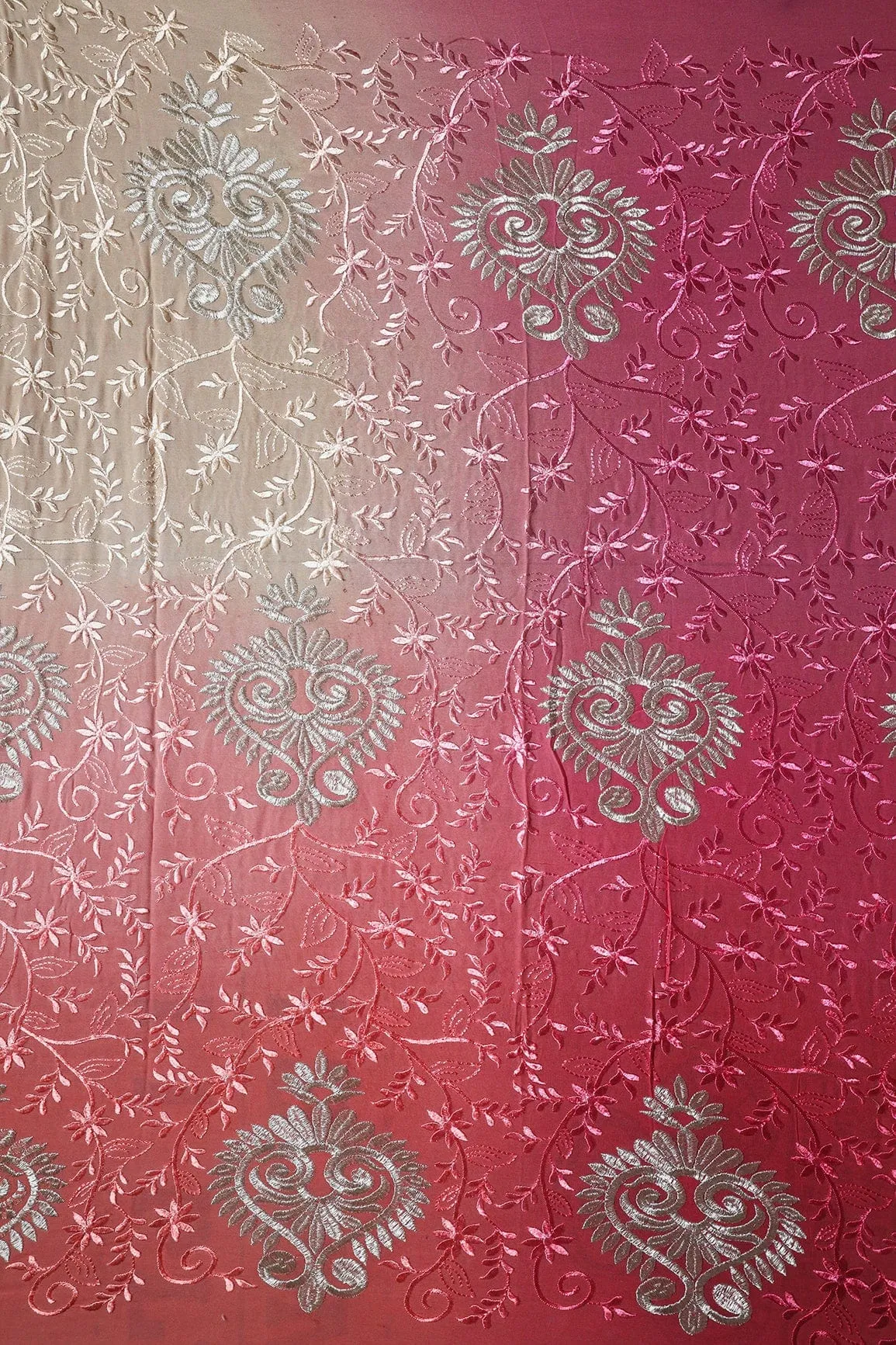 2.50 Meter Cut Piece Of Multi Thread With Silver Zari Floral Embroidery On Multi Color Viscose Georgette Fabric