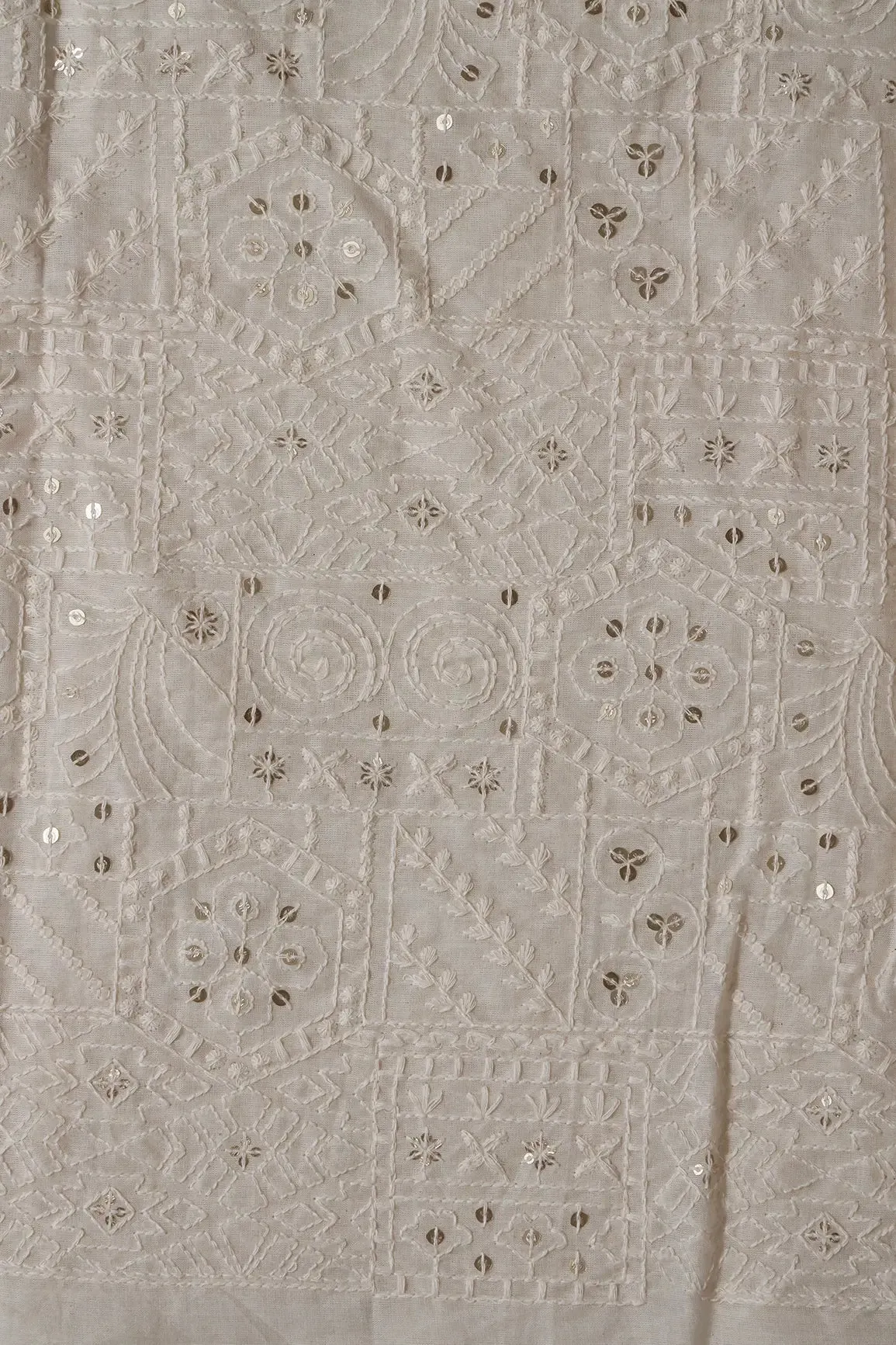 4 Meter Cut Piece Of White Thread With Sequins Geometric Embroidery Work On Off White Organic Cotton Fabric