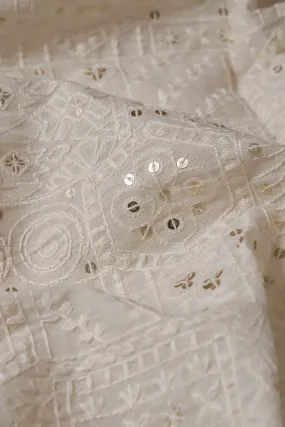 4 Meter Cut Piece Of White Thread With Sequins Geometric Embroidery Work On Off White Organic Cotton Fabric