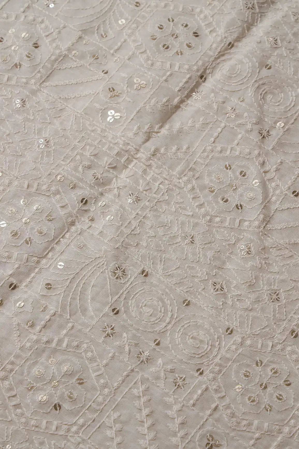 4 Meter Cut Piece Of White Thread With Sequins Geometric Embroidery Work On Off White Organic Cotton Fabric