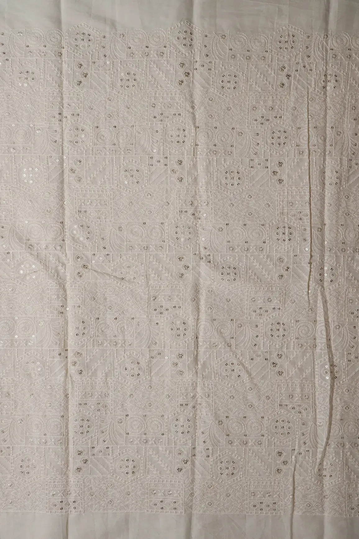4 Meter Cut Piece Of White Thread With Sequins Geometric Embroidery Work On Off White Organic Cotton Fabric