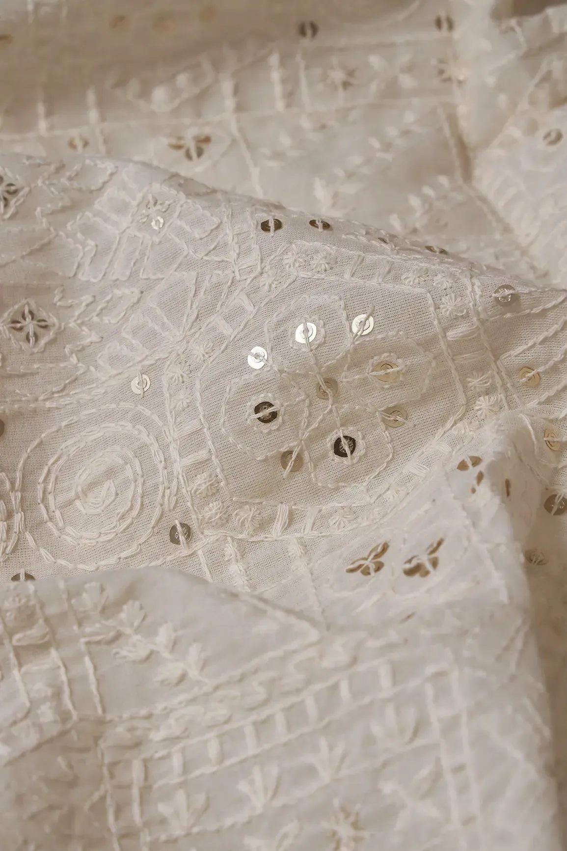 4 Meter Cut Piece Of White Thread With Sequins Geometric Embroidery Work On Off White Organic Cotton Fabric