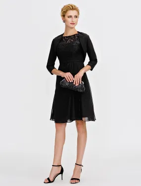 A-Line Mother of the Bride Dress Formal Little Black Dress Convertible Dress Wrap Included Illusion Neck Knee Length Chiffon Satin Lace 3/4 Length Sleeve yes with Sash / Ribbon Pleats