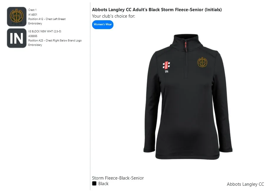 Abbots Langley CC  Adult's Black Storm Fleece-Senior (Initials)