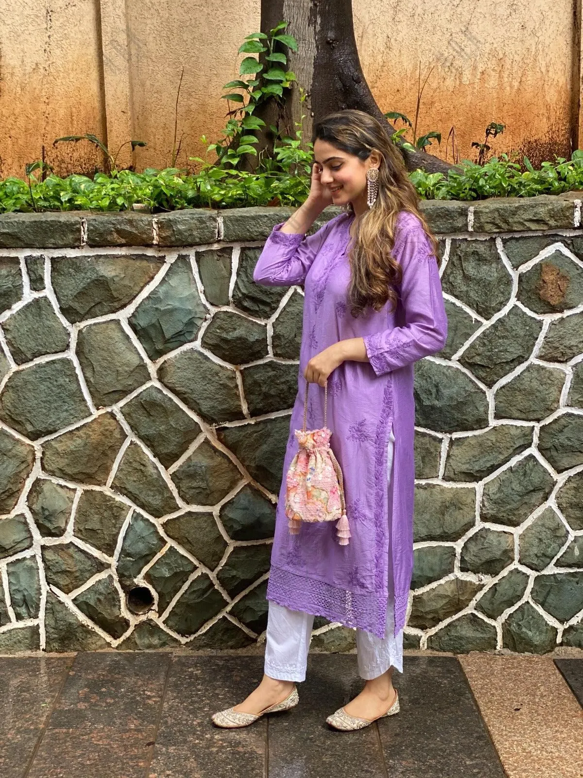 Amita in Chikankari Long Kurta in Chanderi Silk for Women - Purple