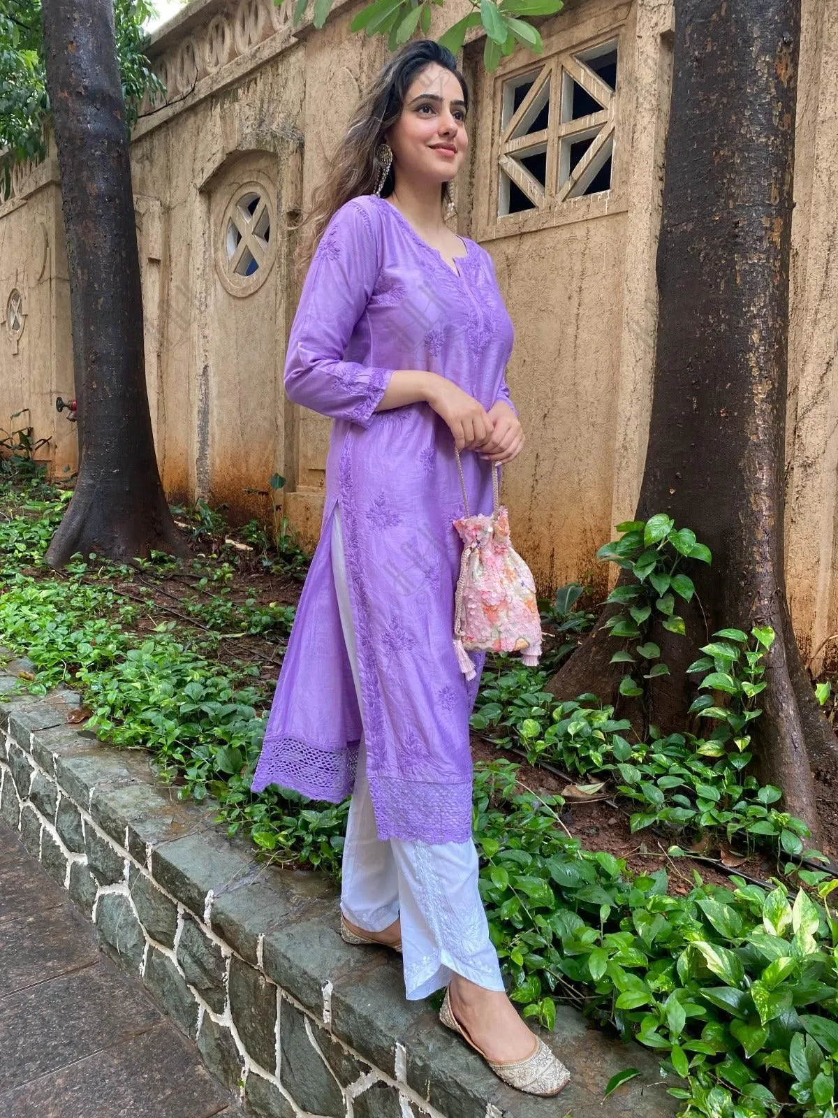Amita in Chikankari Long Kurta in Chanderi Silk for Women - Purple