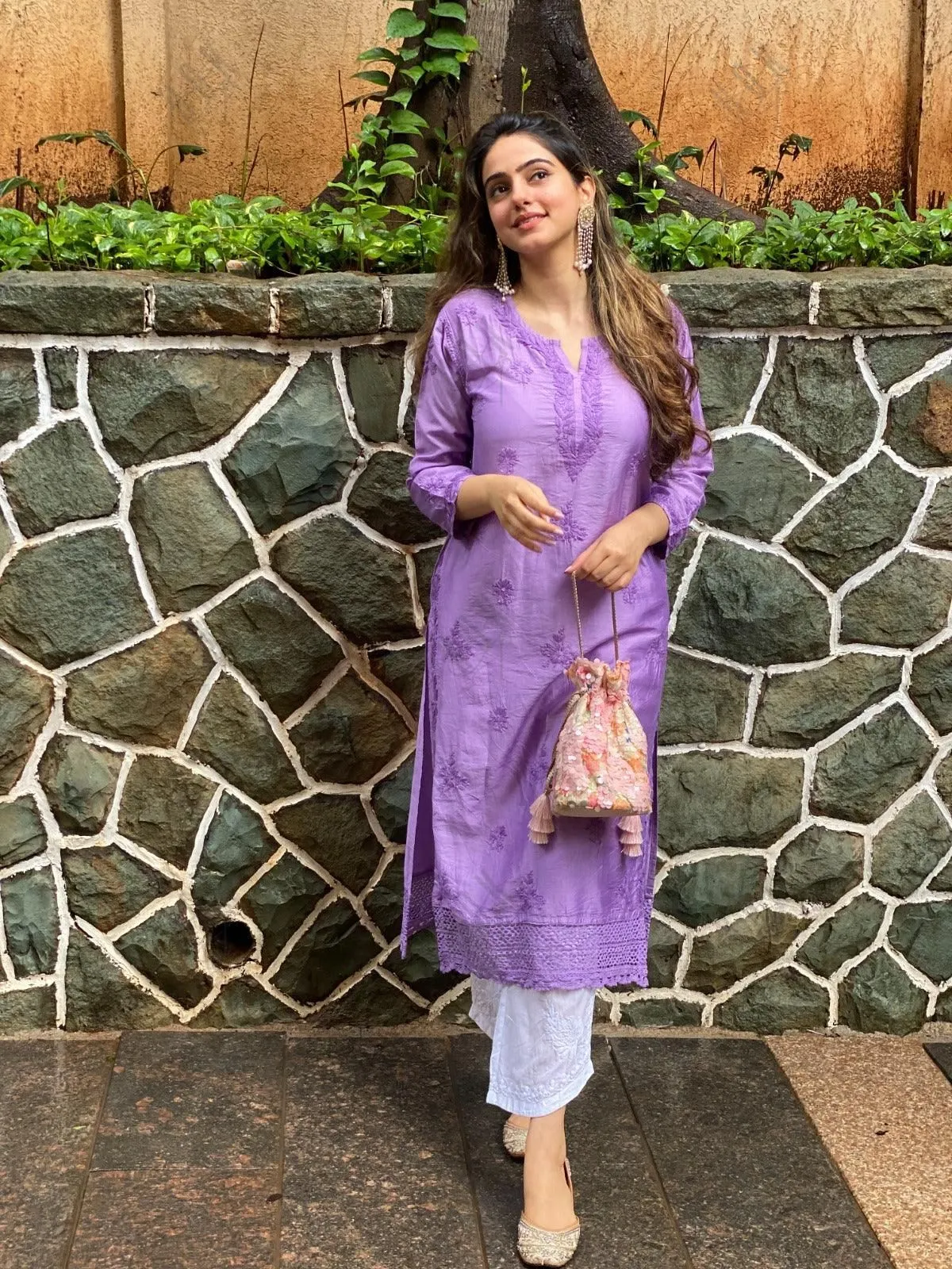 Amita in Chikankari Long Kurta in Chanderi Silk for Women - Purple
