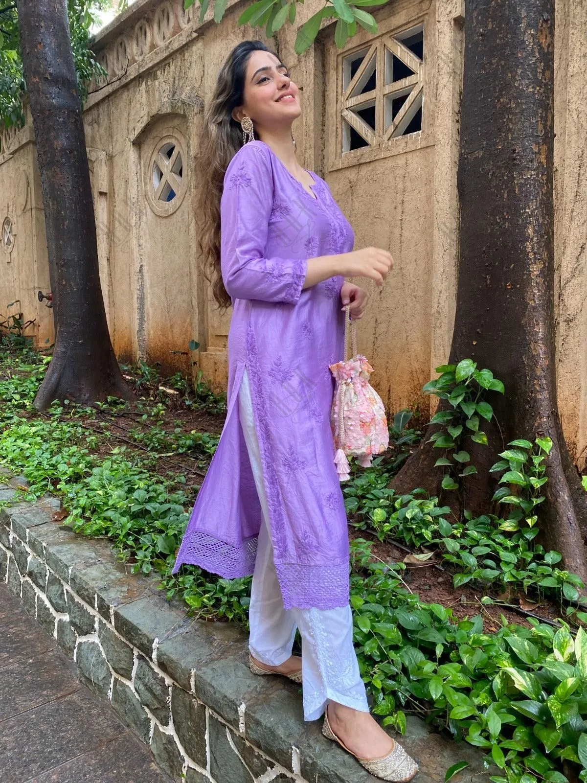 Amita in Chikankari Long Kurta in Chanderi Silk for Women - Purple