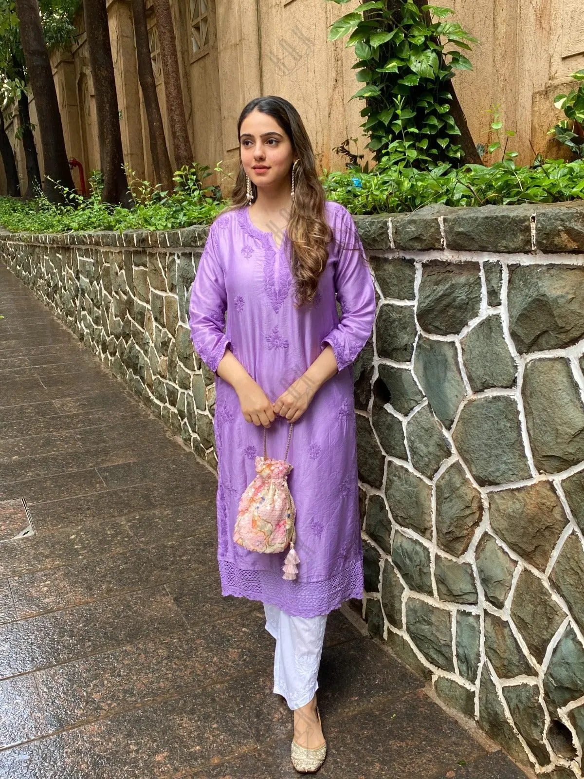 Amita in Chikankari Long Kurta in Chanderi Silk for Women - Purple