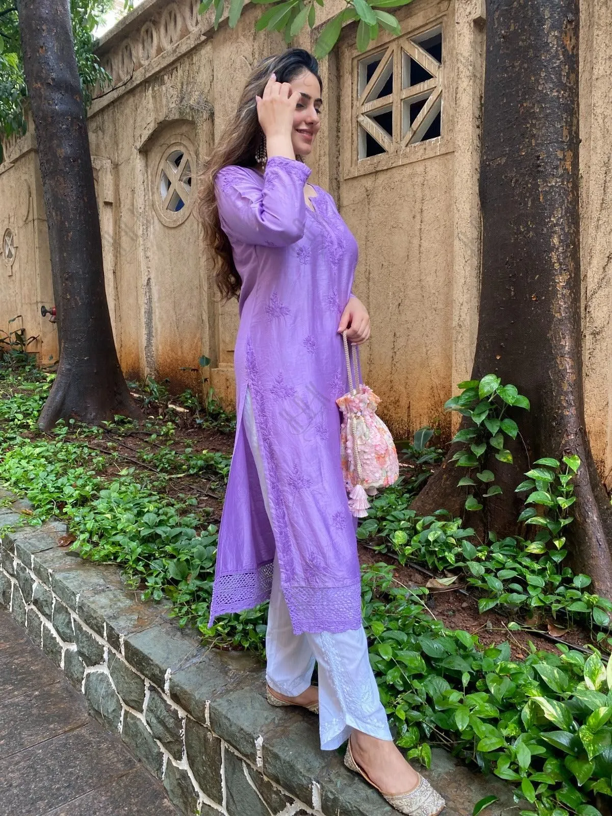 Amita in Chikankari Long Kurta in Chanderi Silk for Women - Purple