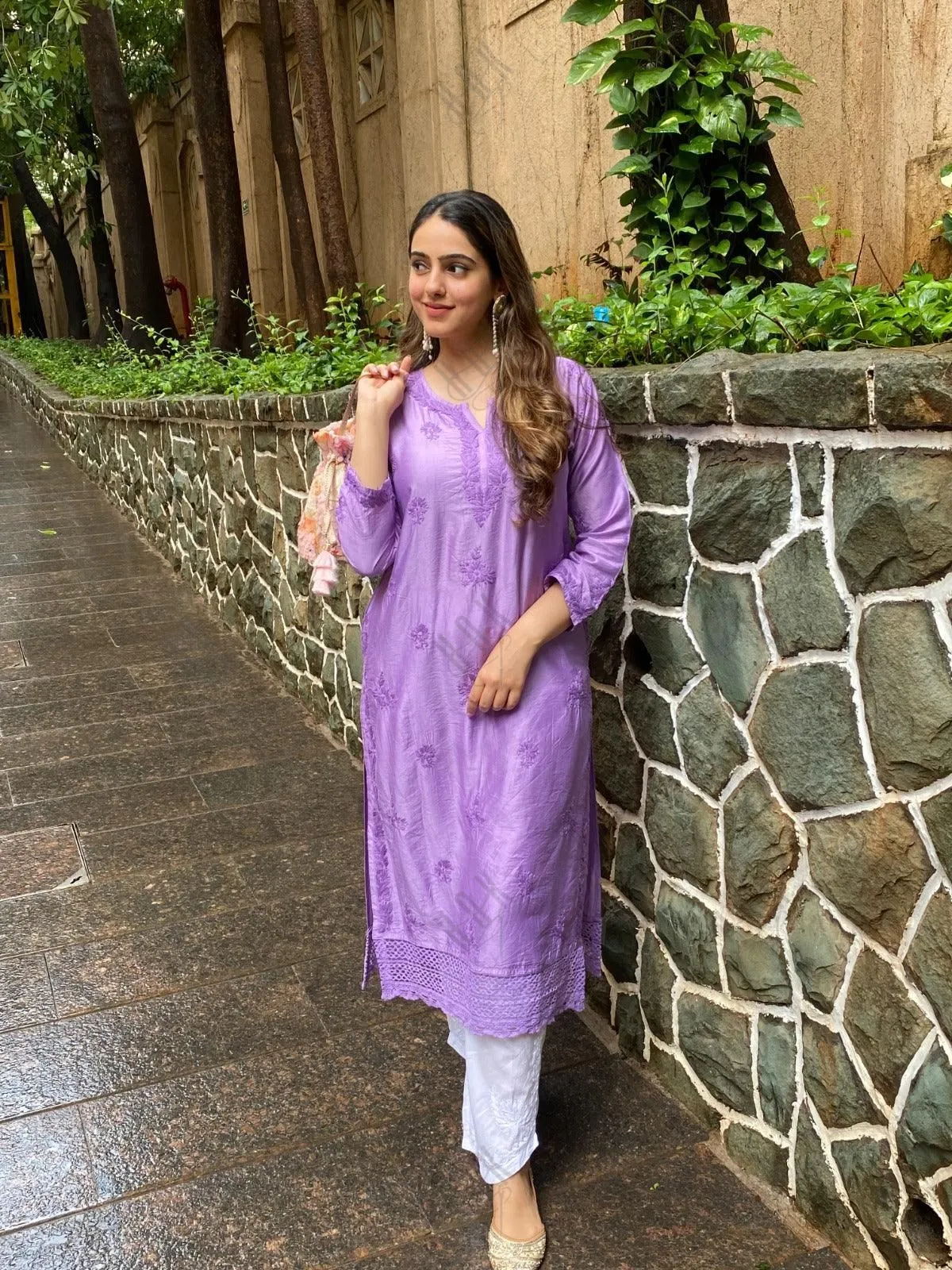 Amita in Chikankari Long Kurta in Chanderi Silk for Women - Purple
