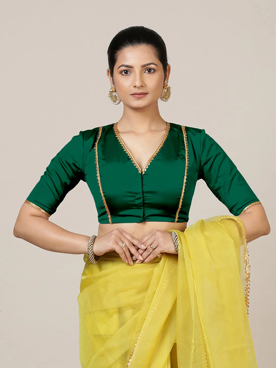 Begum x Tyohaar | Elbow Sleeves Saree Blouse in Bottle Green