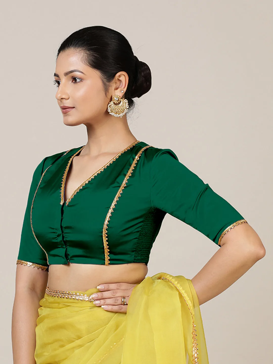 Begum x Tyohaar | Elbow Sleeves Saree Blouse in Bottle Green