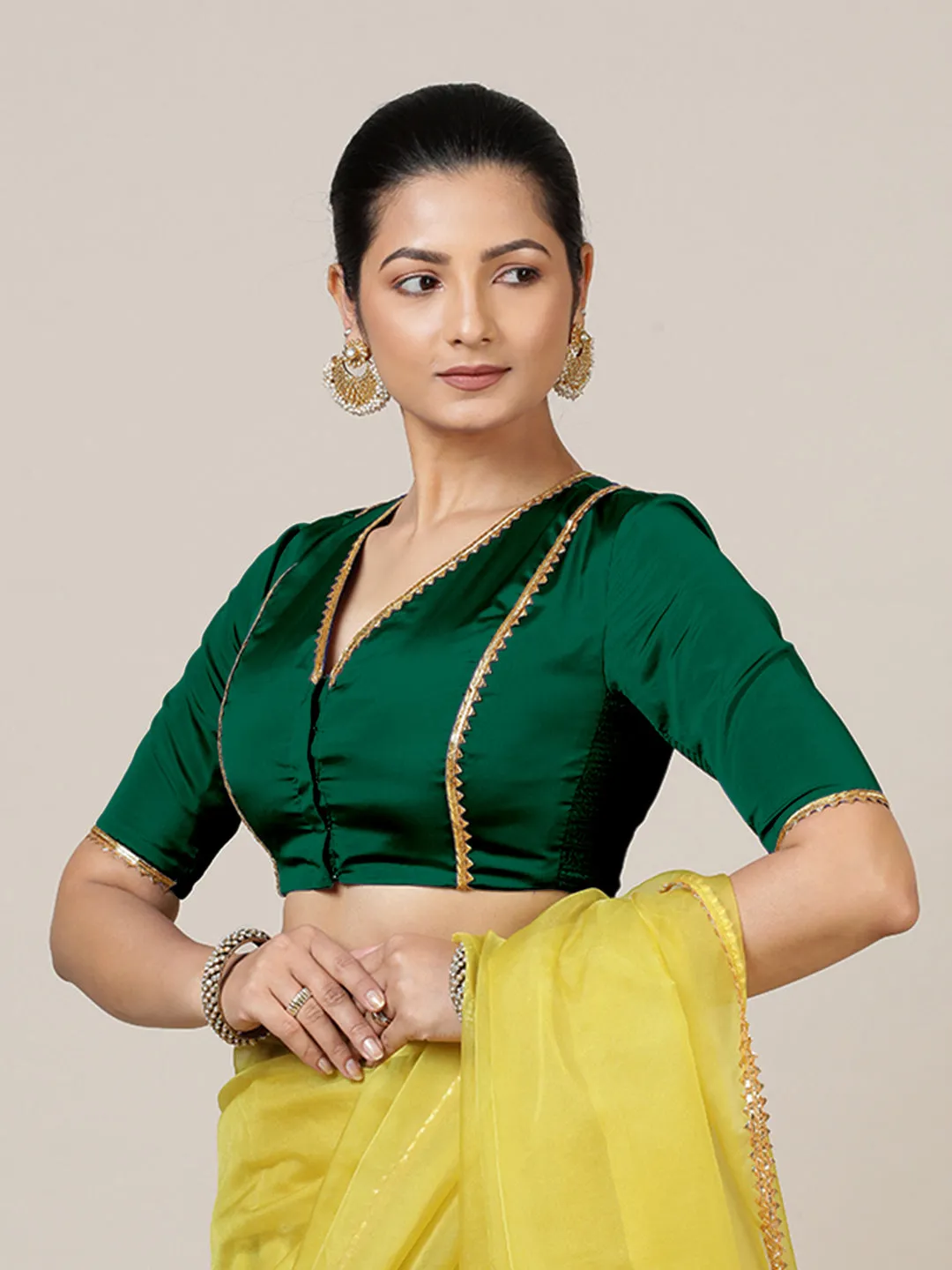 Begum x Tyohaar | Elbow Sleeves Saree Blouse in Bottle Green