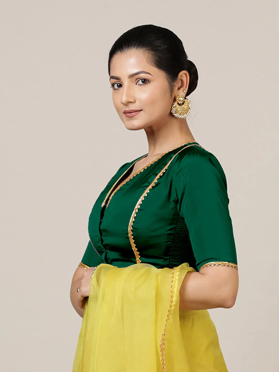 Begum x Tyohaar | Elbow Sleeves Saree Blouse in Bottle Green