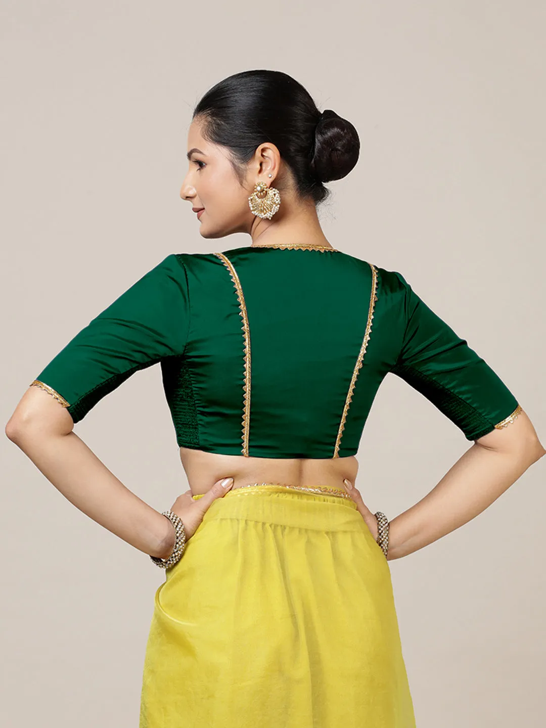 Begum x Tyohaar | Elbow Sleeves Saree Blouse in Bottle Green