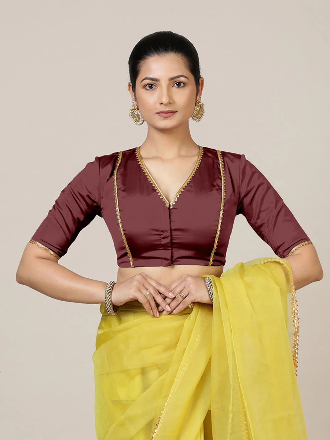 Begum x Tyohaar | Elbow Sleeves Saree Blouse in Burgundy