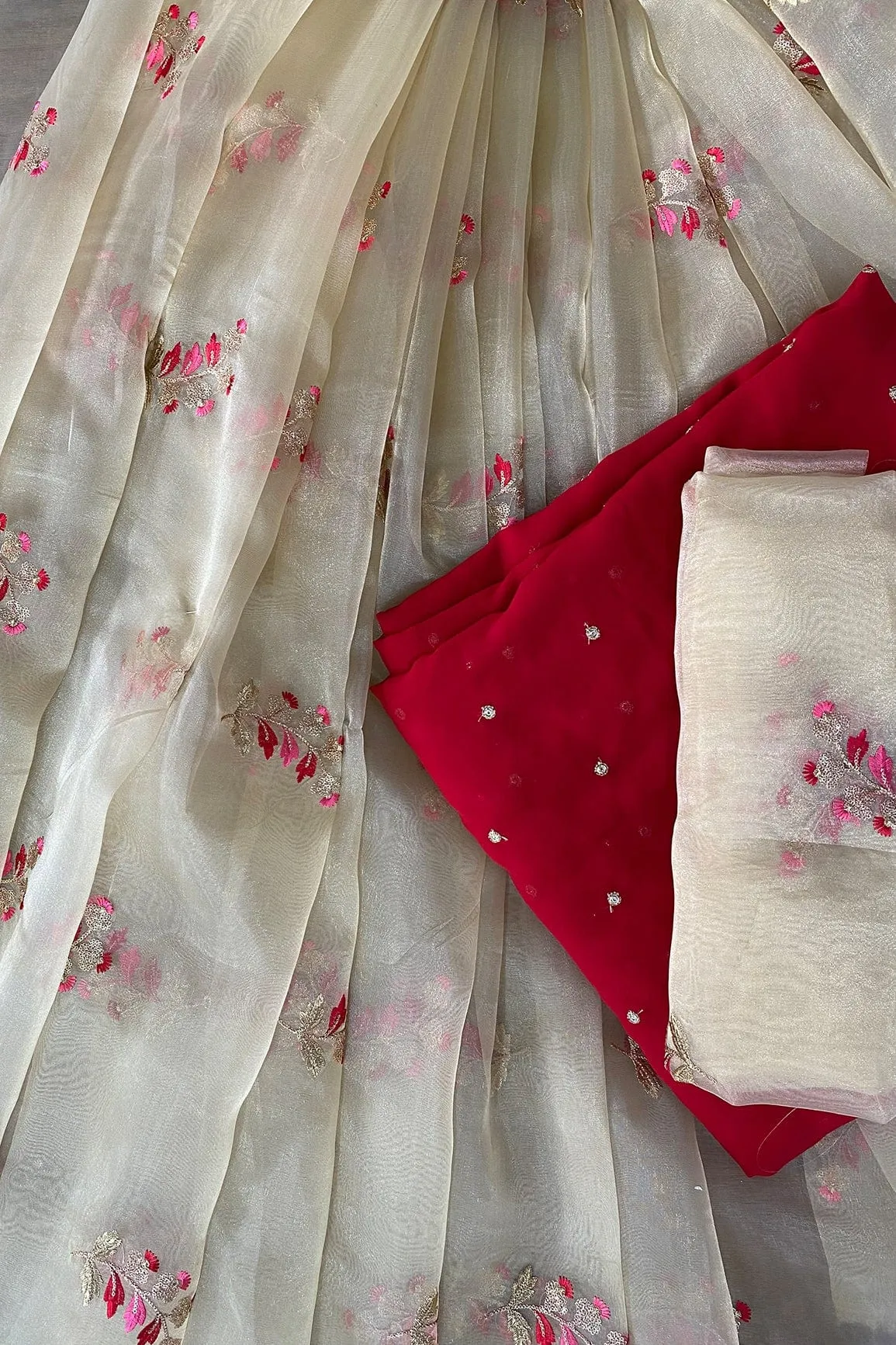Beige and Red Unstitched Lehenga Set Fabric (3 Piece)