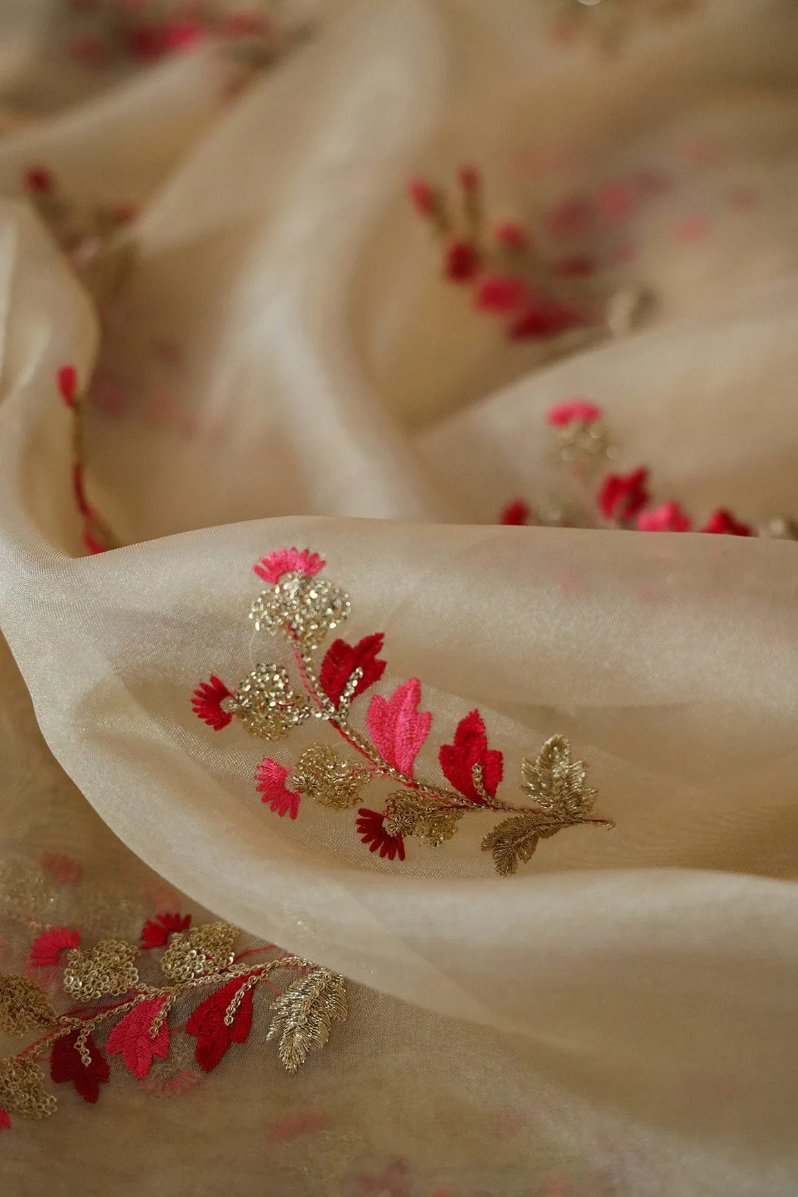 Beige and Red Unstitched Lehenga Set Fabric (3 Piece)