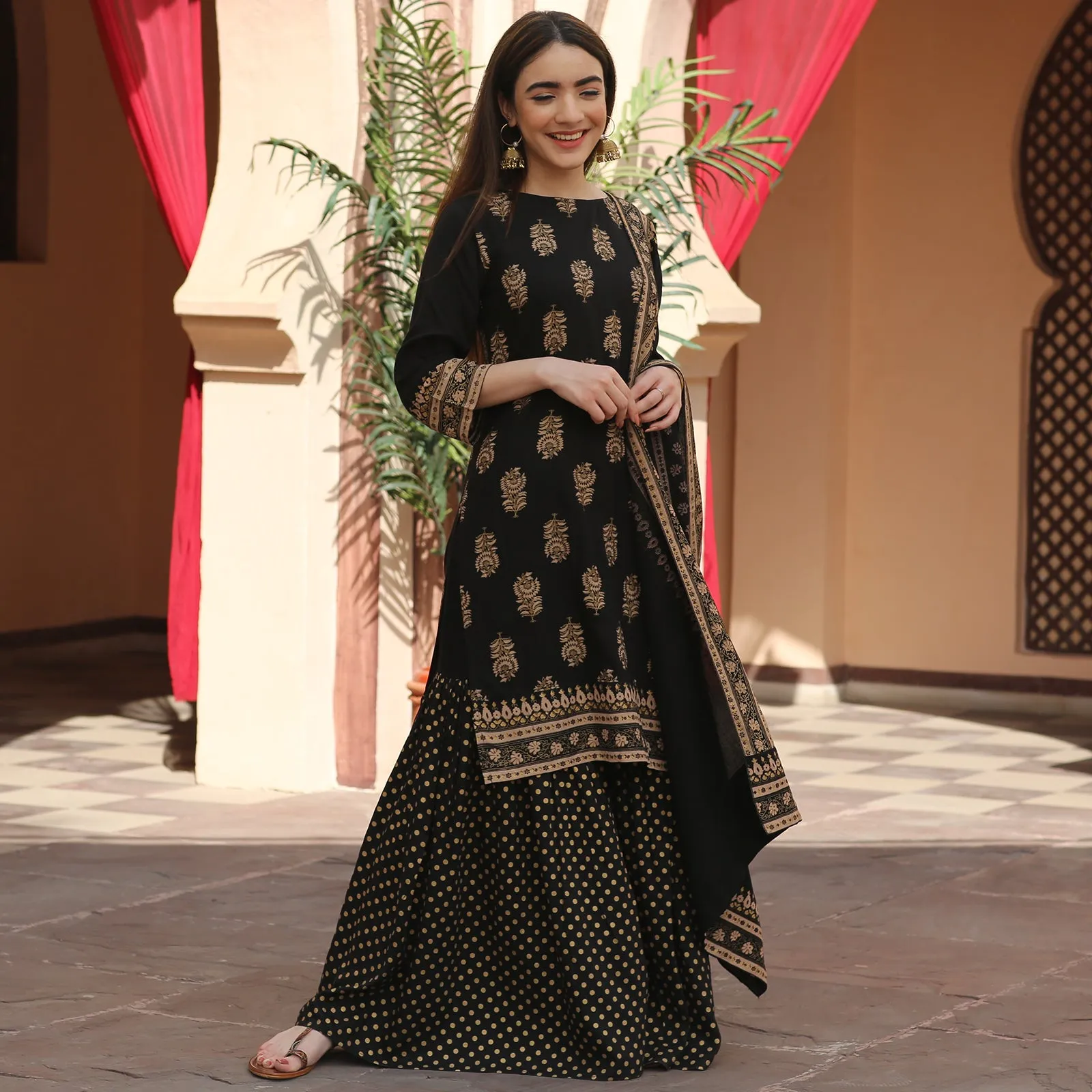 Black Festive Gold Gharara Kurta Set with Dupatta
