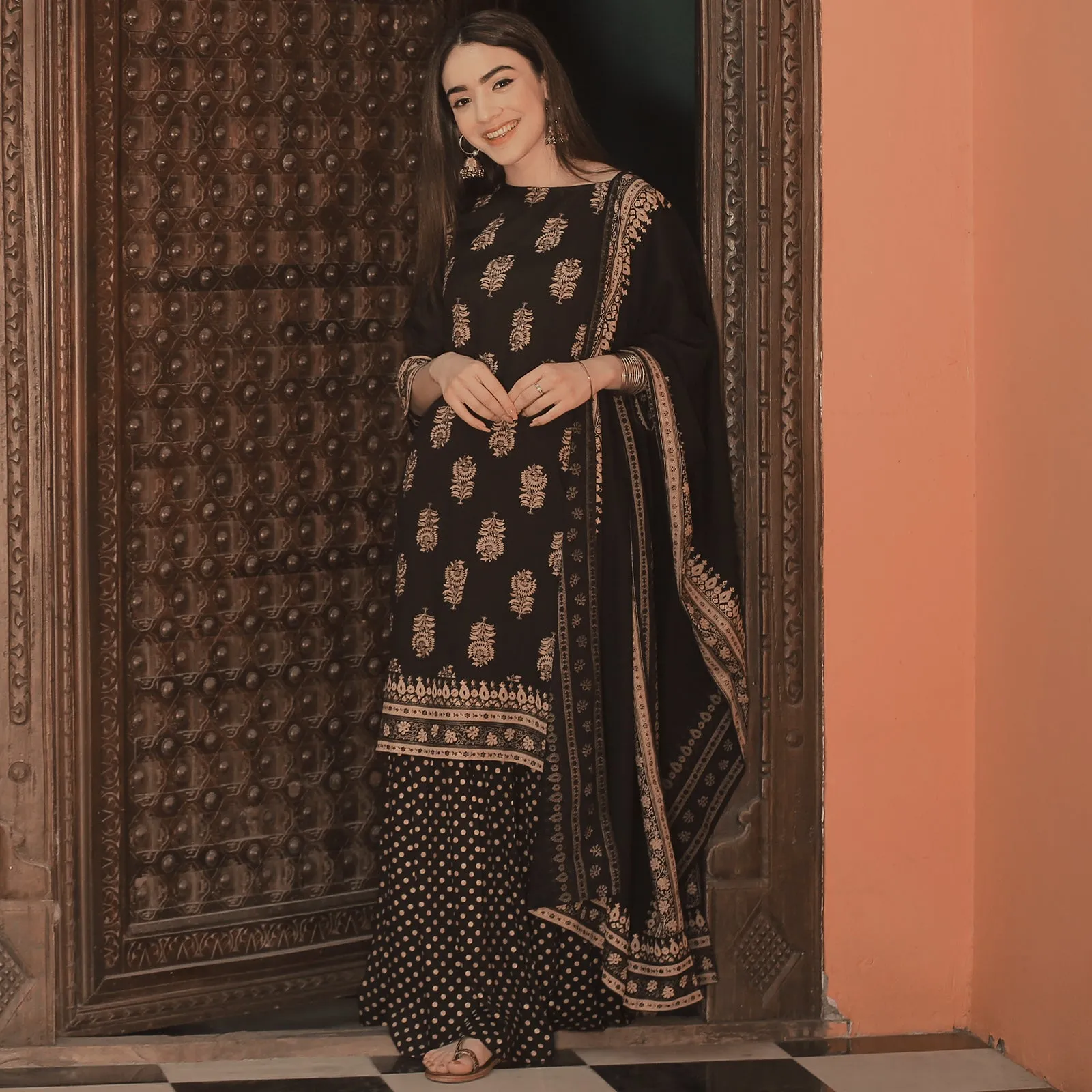Black Festive Gold Gharara Kurta Set with Dupatta