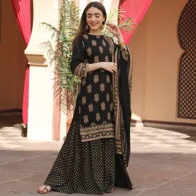 Black Festive Gold Gharara Kurta Set with Dupatta