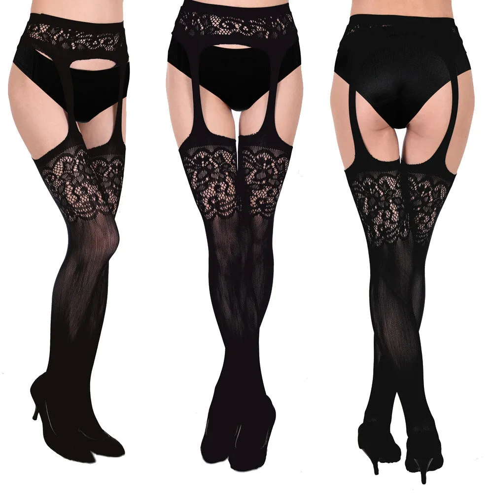 Black Stockings Mesh Jacquard Garter Belt All-in-one Pantyhose