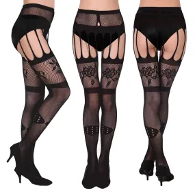 Black Stockings Mesh Jacquard Garter Belt All-in-one Pantyhose
