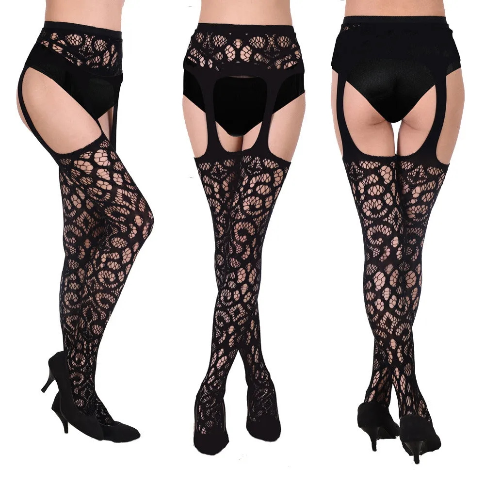 Black Stockings Mesh Jacquard Garter Belt All-in-one Pantyhose