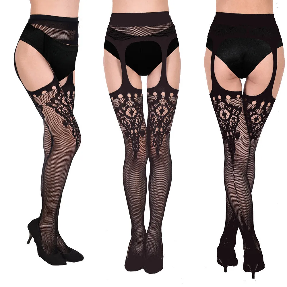 Black Stockings Mesh Jacquard Garter Belt All-in-one Pantyhose