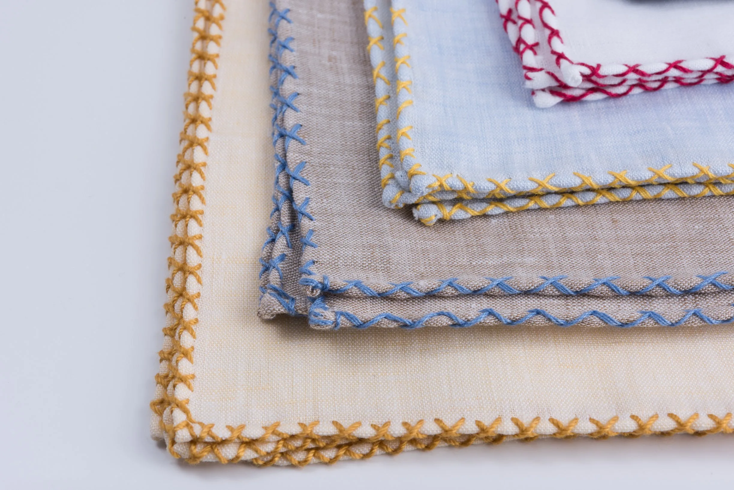 Blue X-Stitch Edge Light Brown Linen Pocket Square