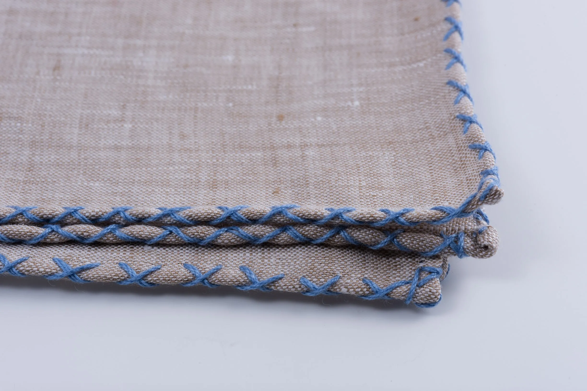 Blue X-Stitch Edge Light Brown Linen Pocket Square