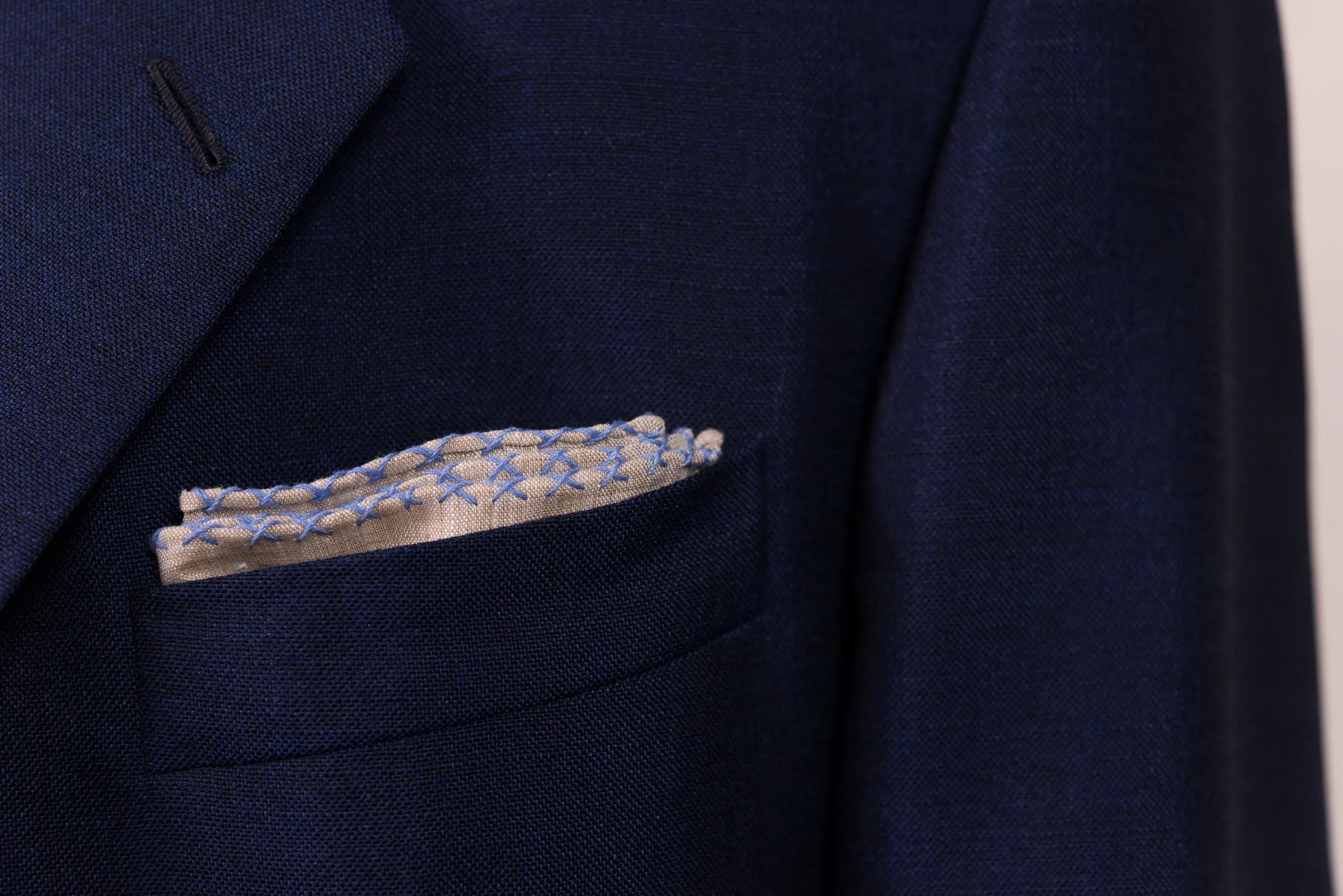 Blue X-Stitch Edge Light Brown Linen Pocket Square