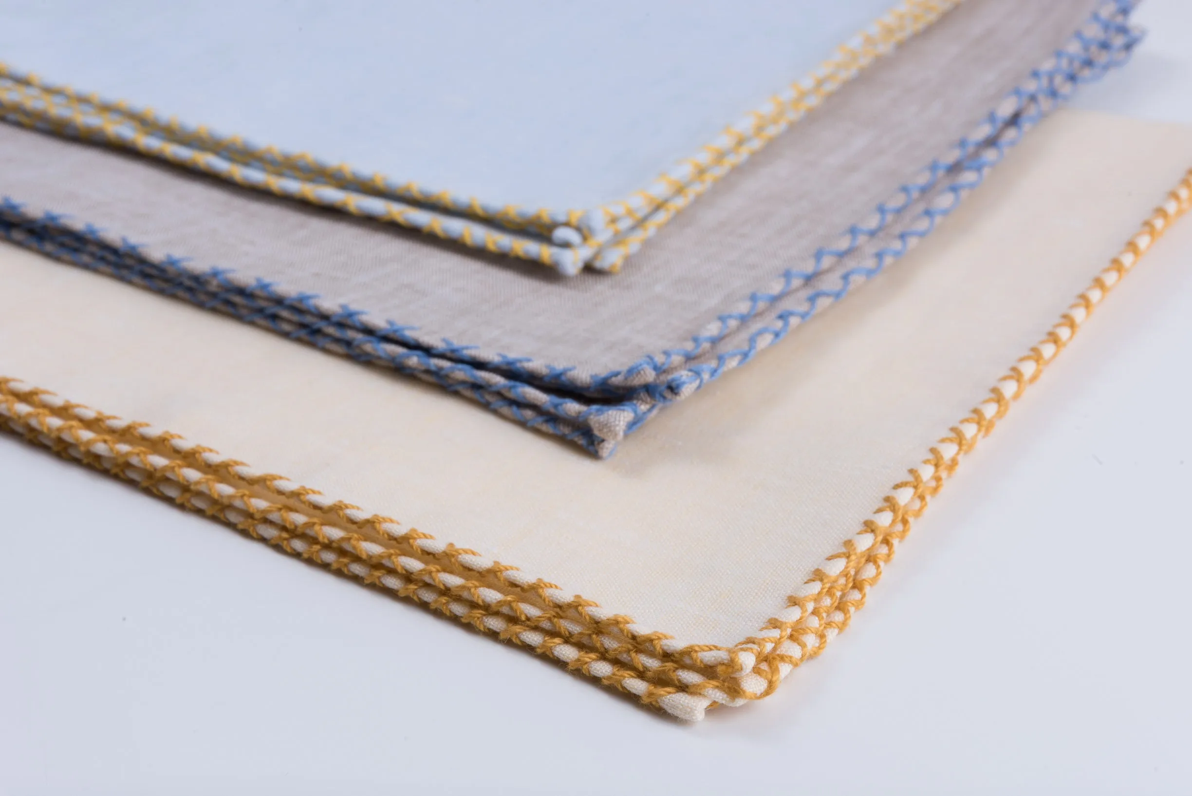 Blue X-Stitch Edge Light Brown Linen Pocket Square