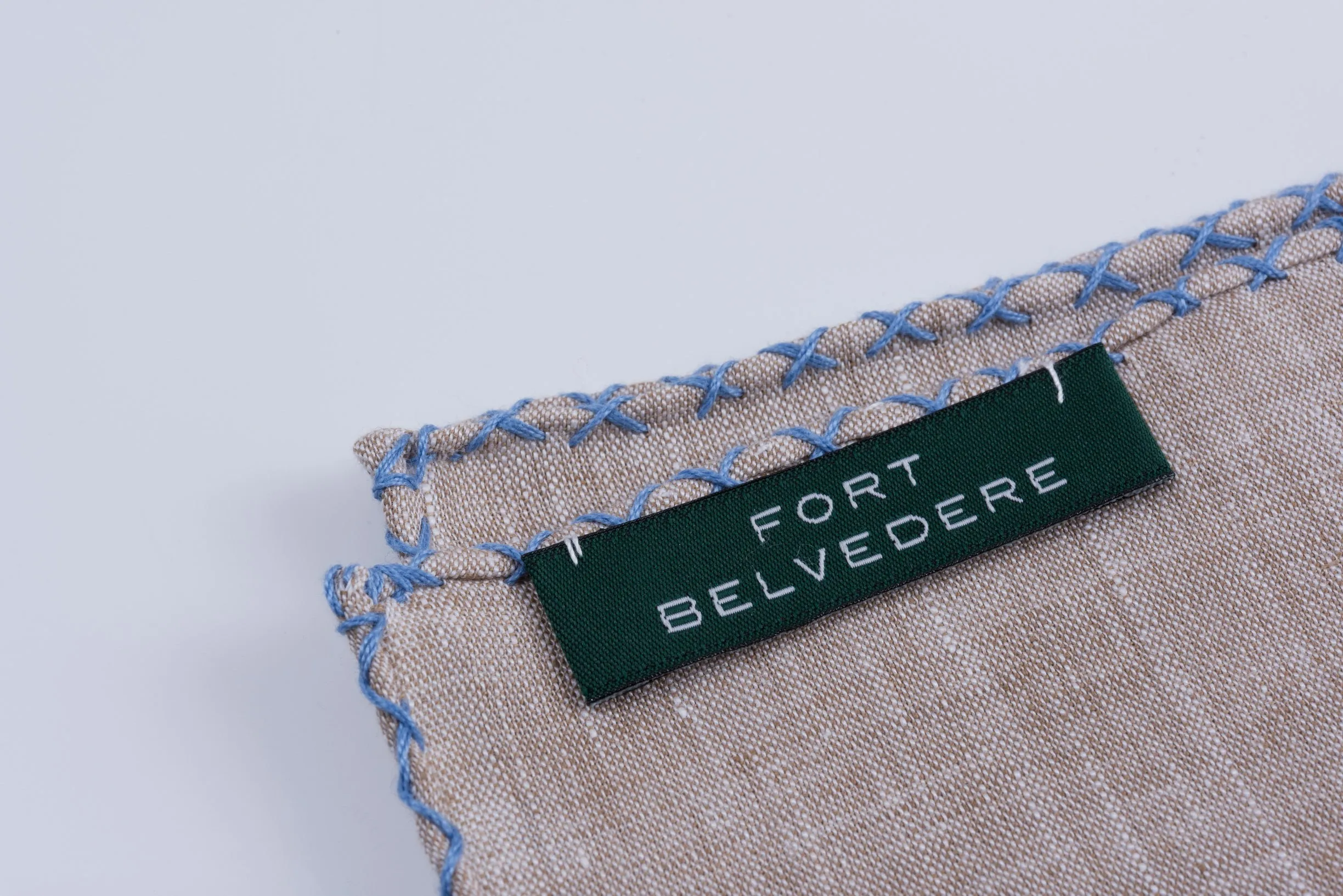 Blue X-Stitch Edge Light Brown Linen Pocket Square