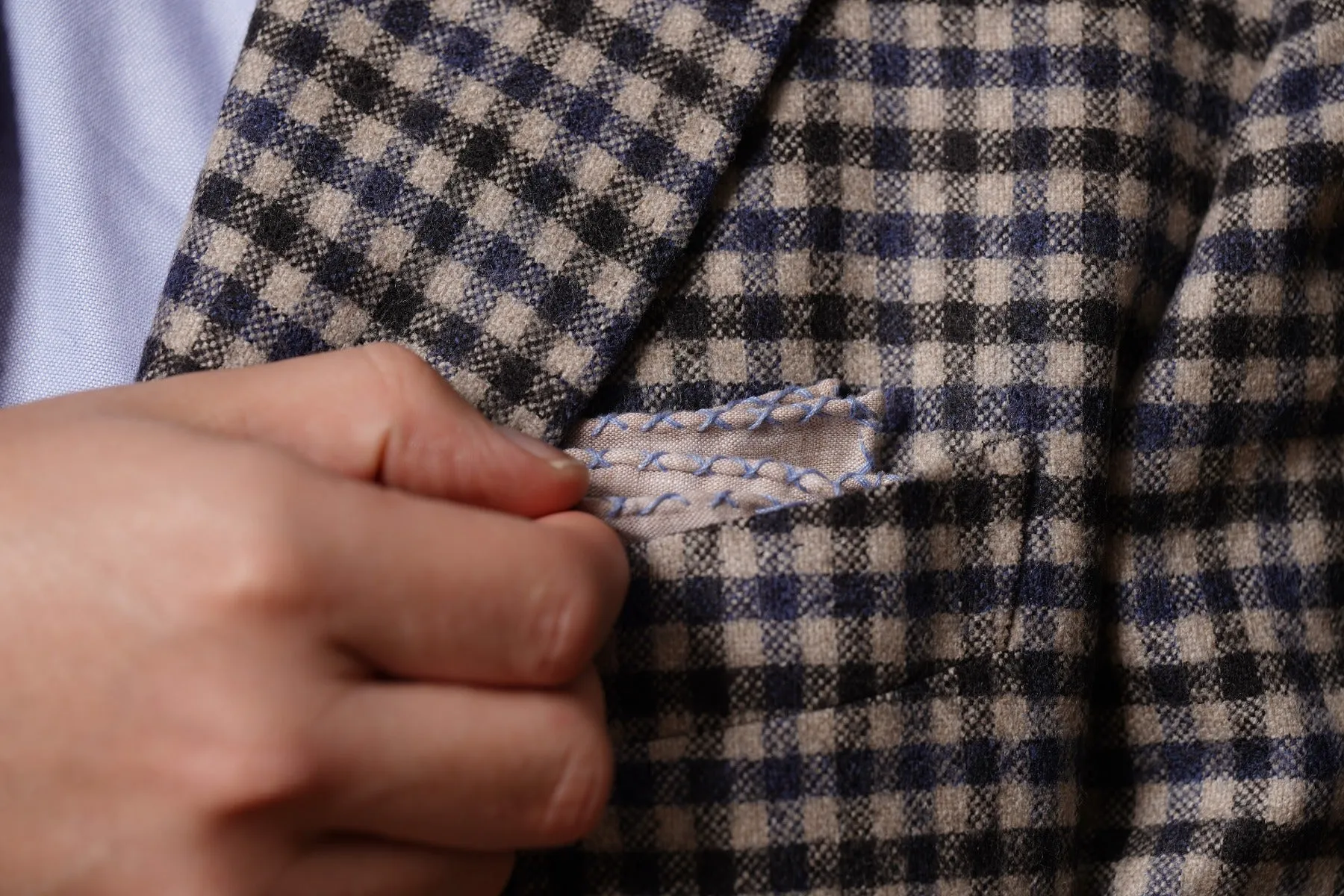 Blue X-Stitch Edge Light Brown Linen Pocket Square