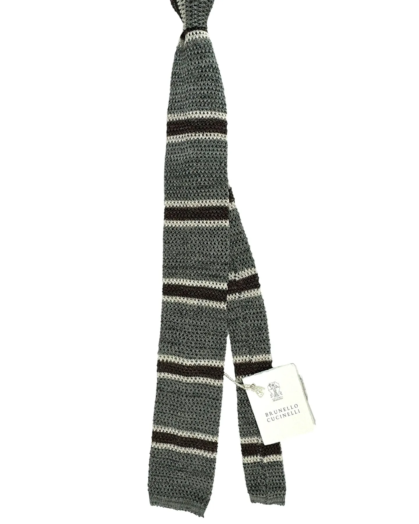Brunello Cucinelli Square End Knitted Tie Gray Horizontal Stripes SALE