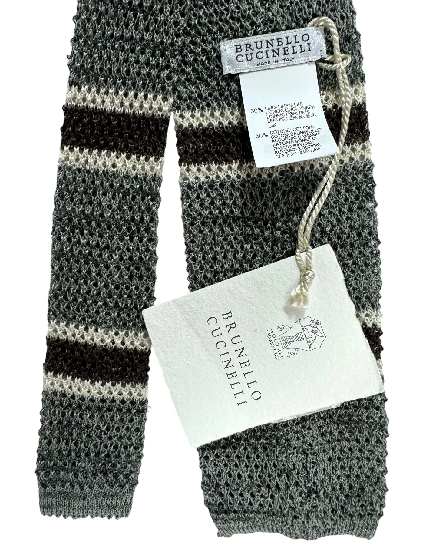 Brunello Cucinelli Square End Knitted Tie Gray Horizontal Stripes SALE